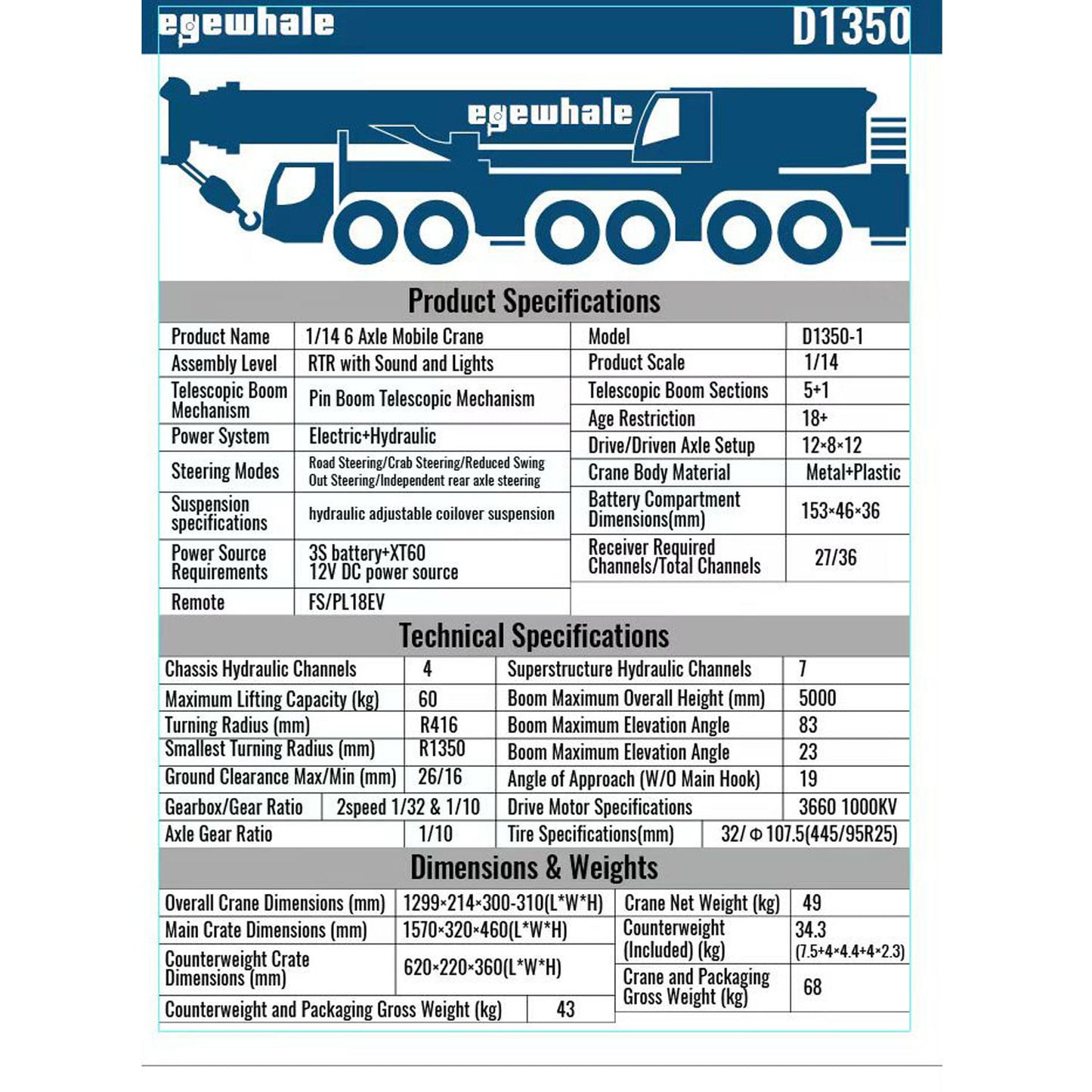 Eyewahle 1/14 6 Achsen D1350 RC Hydraulische Mobilkräne LKW Riesiger