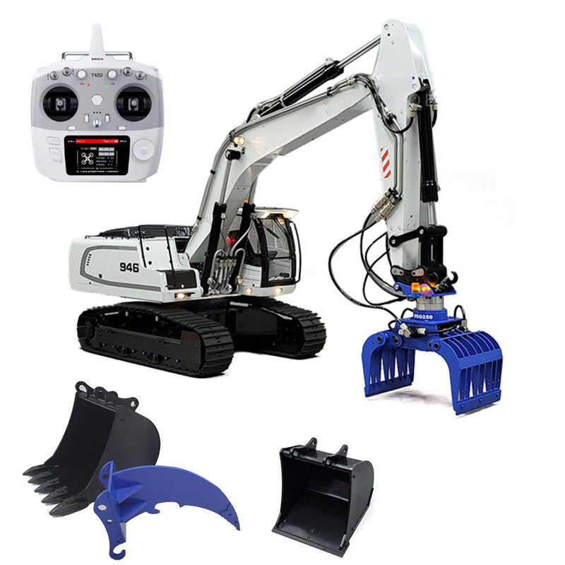 Pelle hydraulique sur chenilles MTM 1/14 946 RC 2 bras en métal ARTR avec godet de démolition