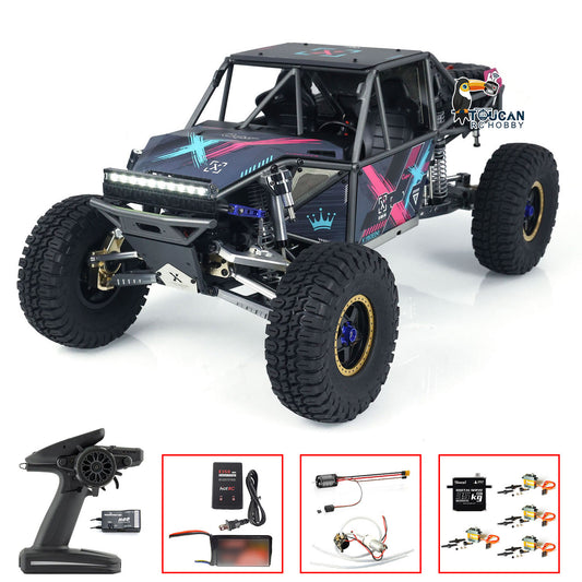 CAPO QueenX 1/8 4x4 metal RC crawler front left view with remote controller battery and charger