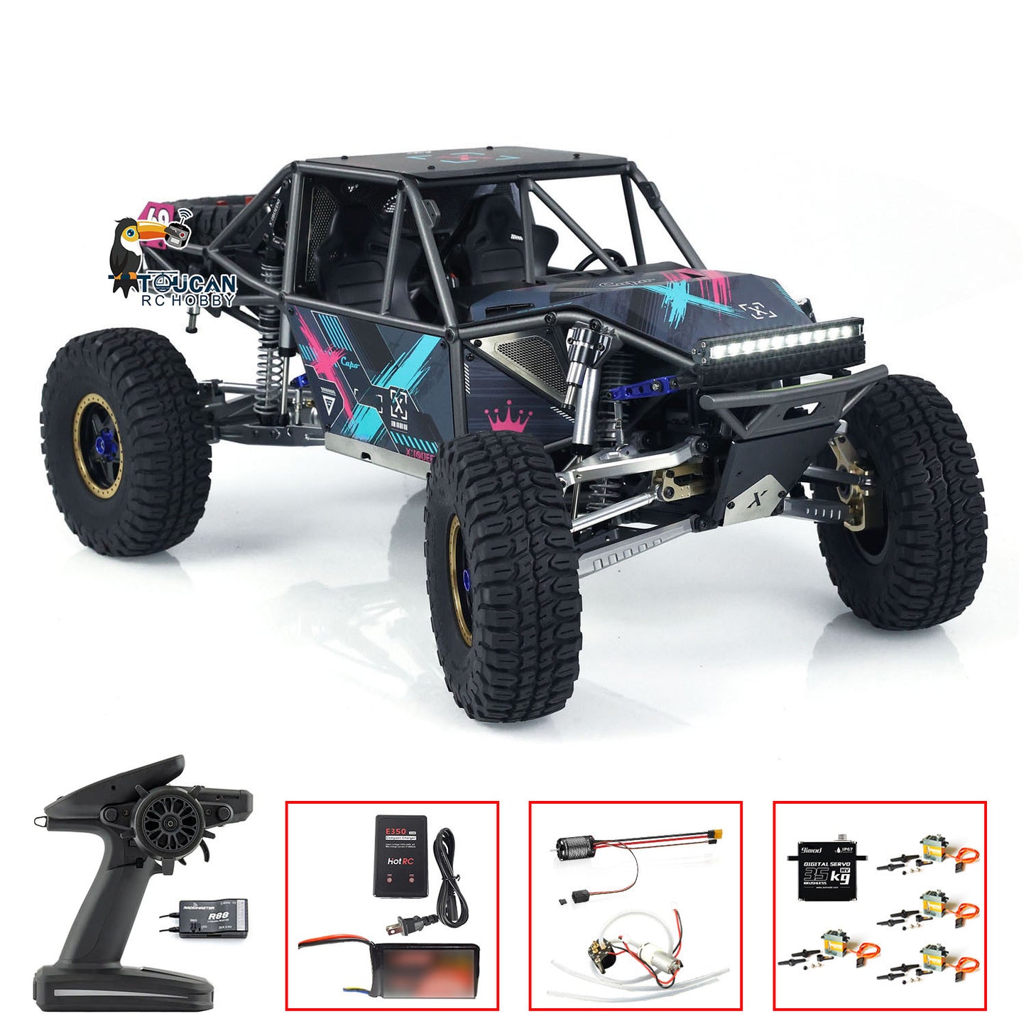 CAPO QueenX 1/8 4x4 metal RC crawler front right view with complete accessories
