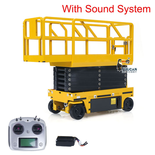 CUT 1/14 metal hydraulic RC scissor lift front left view with remote controller and battery