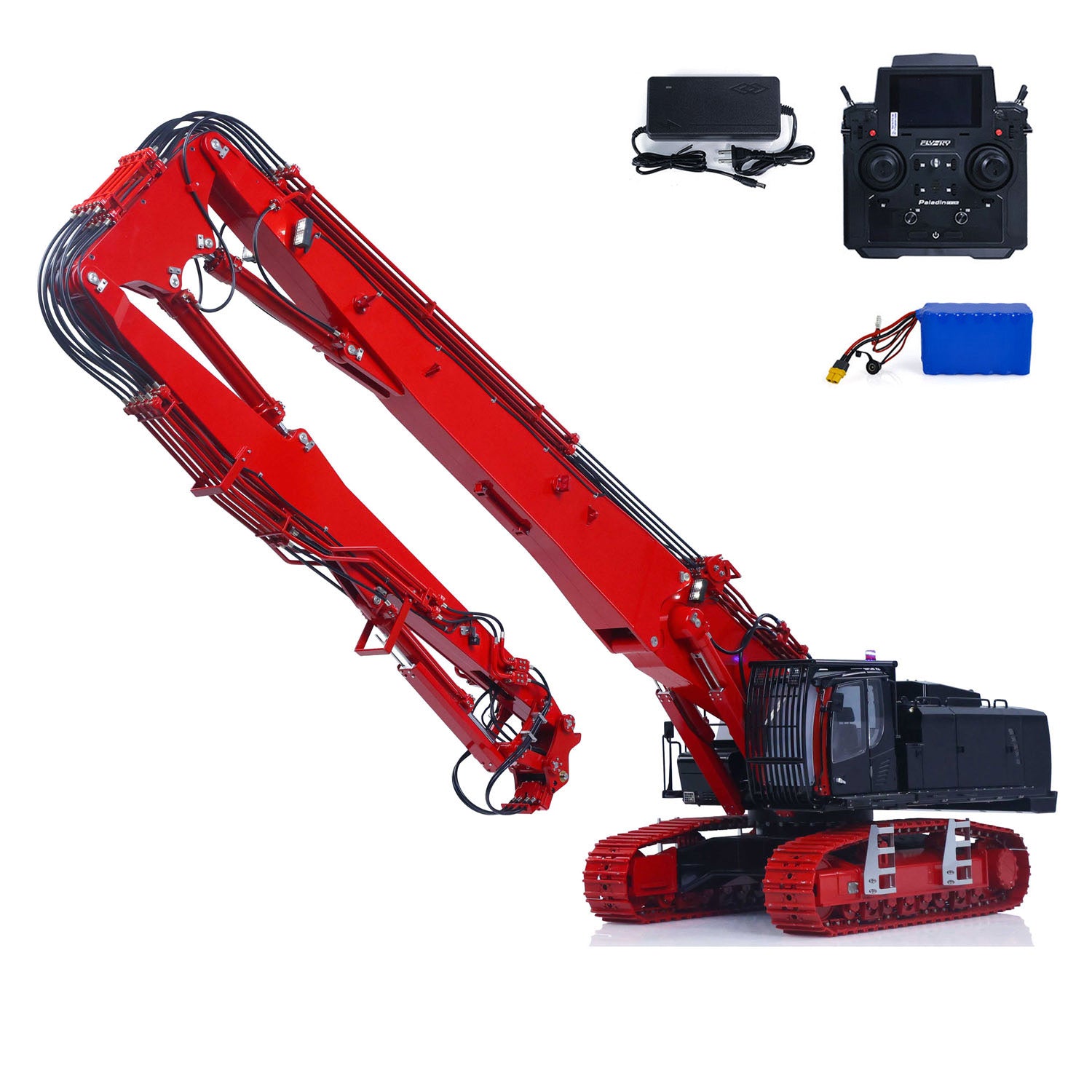 1/14 remote control hydraulic excavator CUT-1 red alloy model rear view with tracks and boom