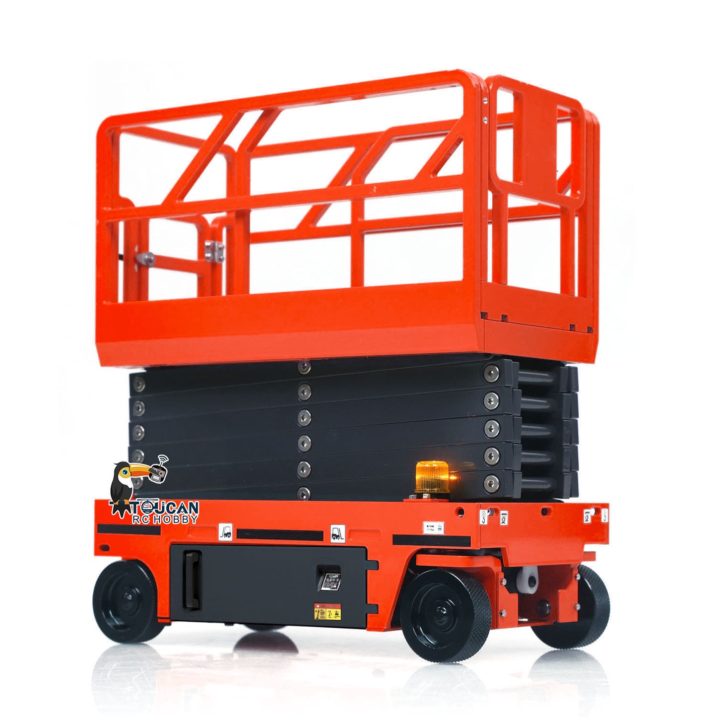 CUT 1/14 RC Metal Hydraulic Scissor Lift Aerial Work Platform Red, Folded Rear Side View, Stable Power Delivery Chassis
