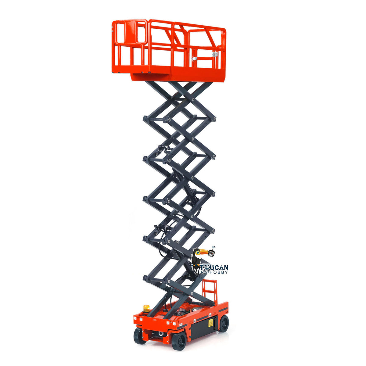 CUT 1/14 RC Metal Hydraulic Scissor Lift Aerial Work Platform Red, Fully Raised Working Pose, Simulated Real Lifting Operation