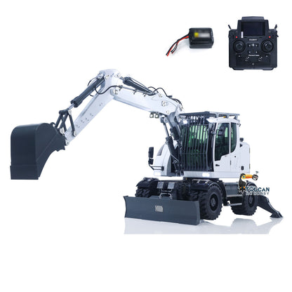 CUT LR914 1/14 metal hydraulic RC wheeled excavator white front left view with remote controller and battery