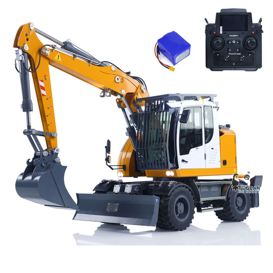 CUT LR914 1/14 metal hydraulic RC wheeled excavator yellow front left view with remote controller and battery