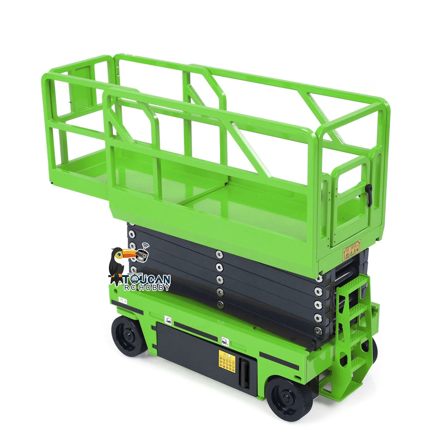CUT 1/14 RC Metal Hydraulic Scissor Lift Aerial Work Platform Green, Folded Rear Side View, Agile Steering Driving Experience