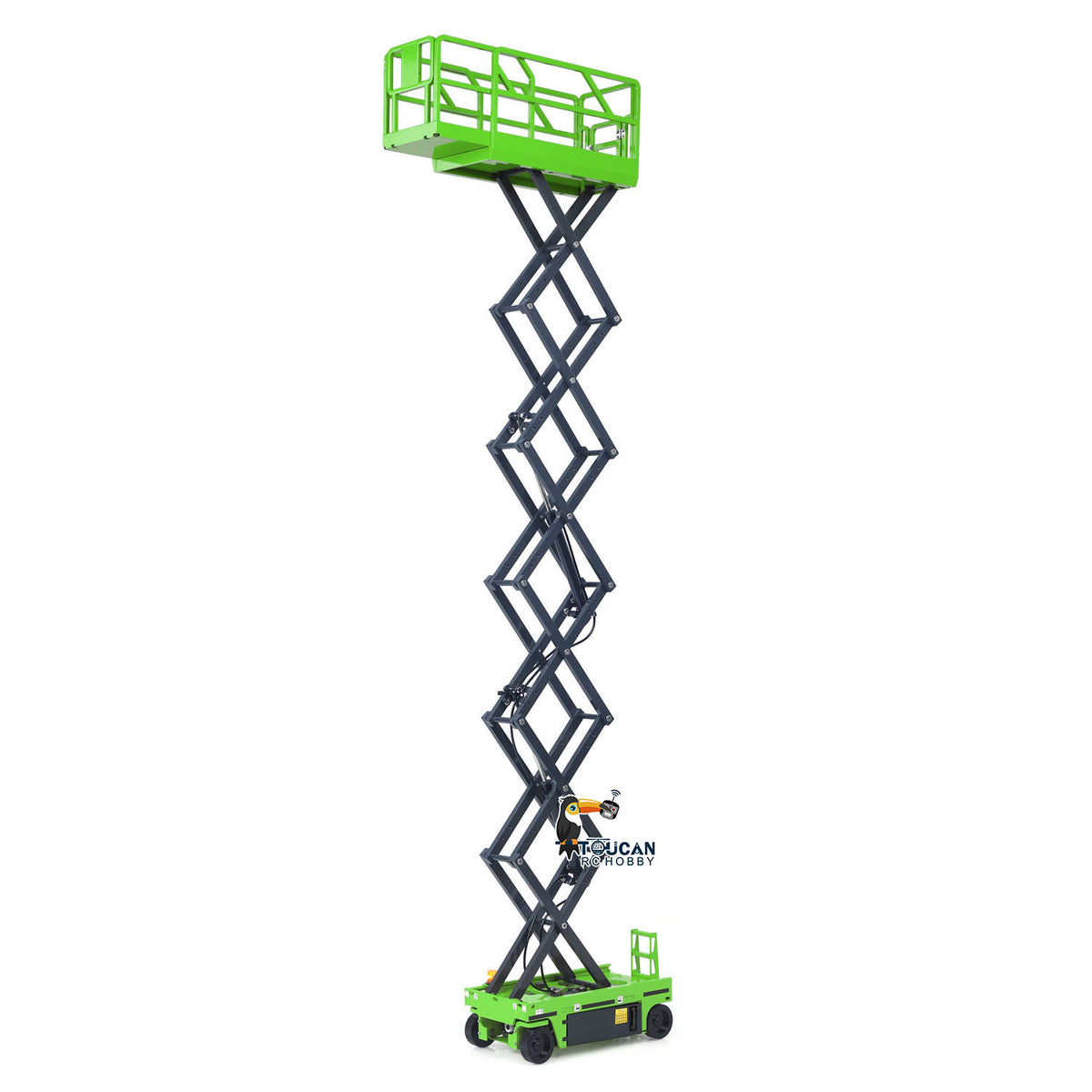 CUT 1/14 RC Metal Hydraulic Scissor Lift Aerial Work Platform Green, Fully Raised Working Pose, Openable Guardrails & Extendable Deck