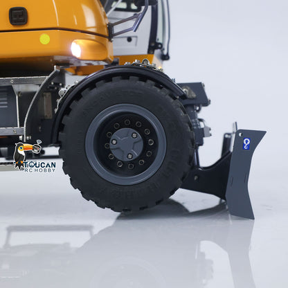 CUT 1/14 RC 914 Standard Wheeled Hydraulic Excavator Close‑Up, Lowered Ground‑Contact Dozer Blade, Display Blade Mounting And Hydraulic Cylinder Assembly