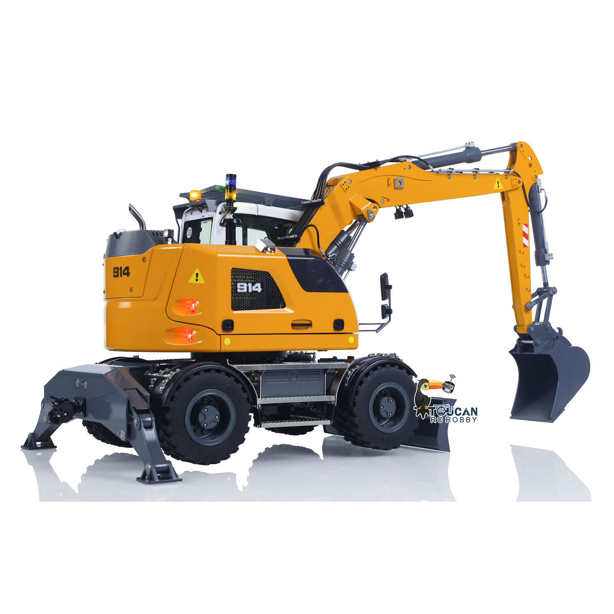 CUT 1/14 RC 914 Standard Wheeled Excavator High Angle Overview, Extended Metal Three‑Section Boom, Wheel Chassis And Body Layout