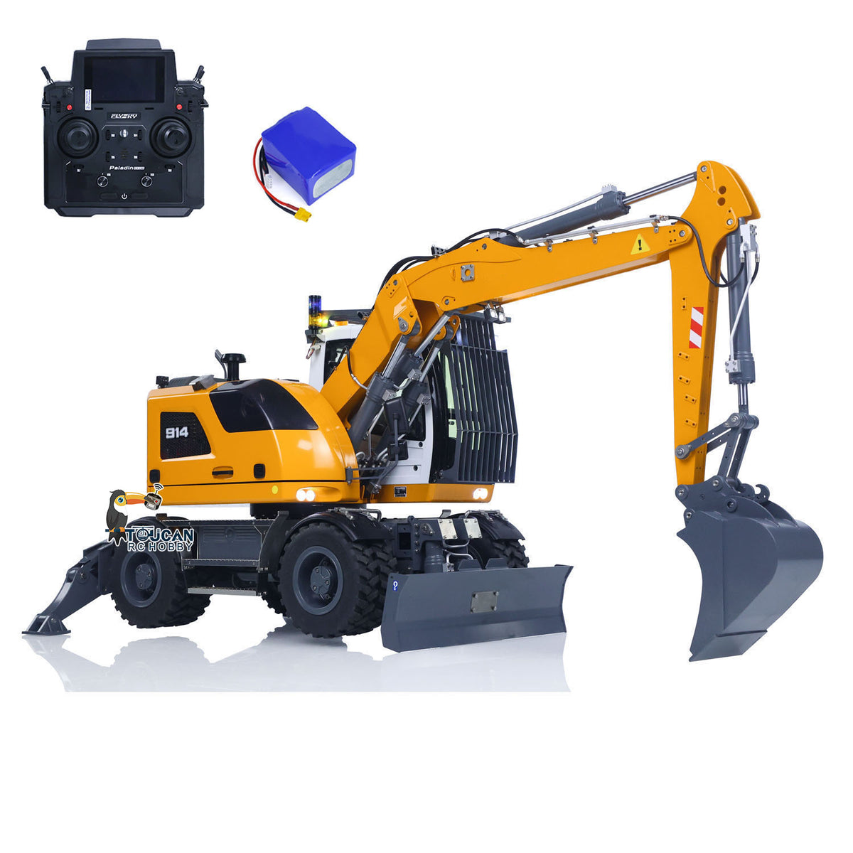CUT 1/14 RC 914 Standard Wheeled Excavator Opposite Side Quarter Shot, Show Metal 3‑Section Boom, Wheel Chassis And Counterweight Assembly