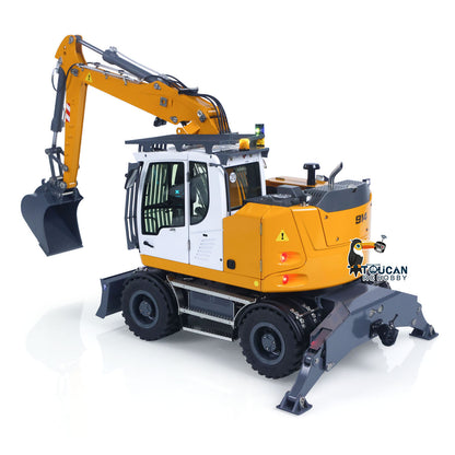 CUT 1/14 RC 914 Standard Wheeled Hydraulic Excavator Rear Quarter View, Outriggers Support Posture, Yellow‑White Cab And Rear Counterweight