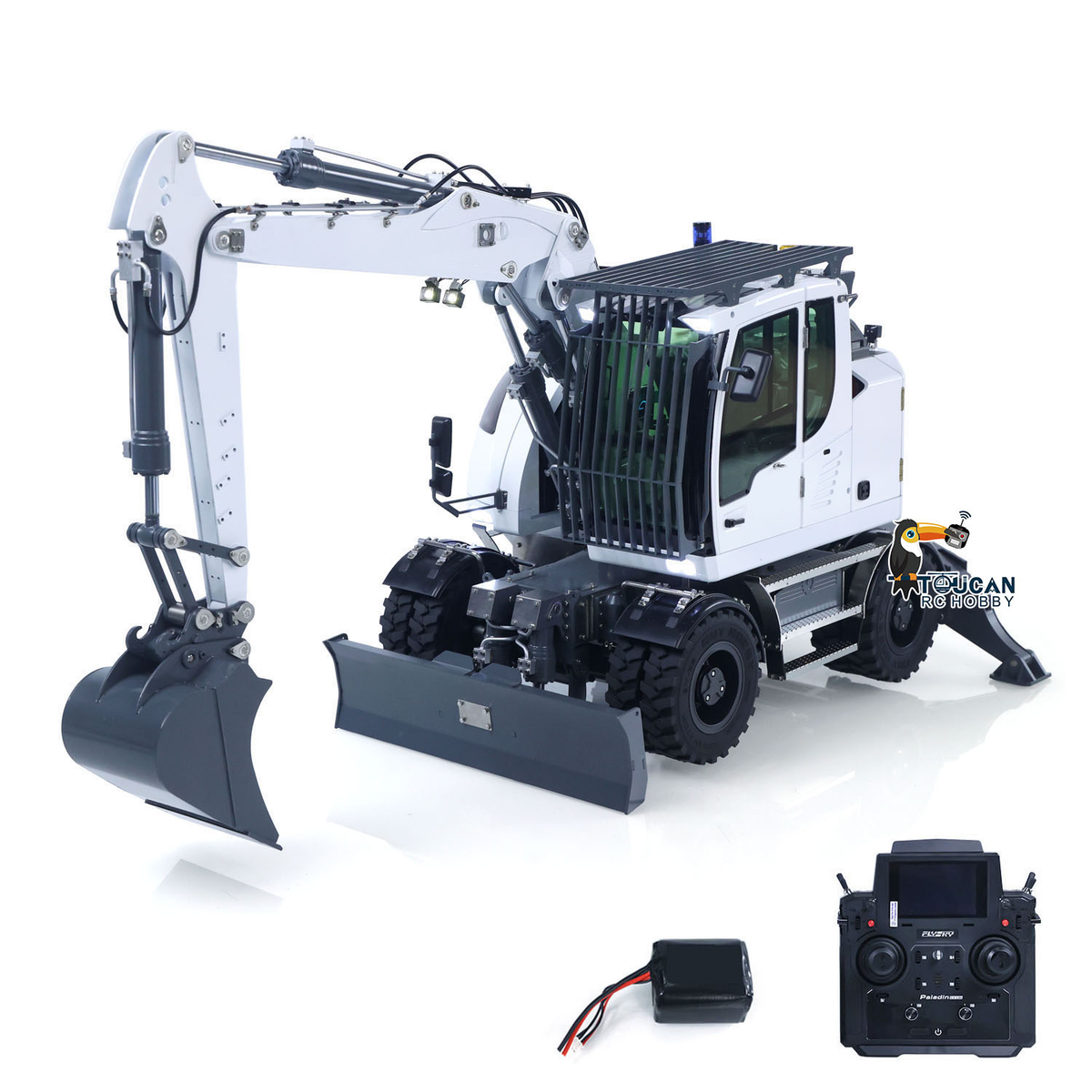 CUT 1/14 RC 914 Standard Hydraulic Wheeled Excavator, White Body 45‑Degree Side View, Metal Three‑Section Boom, Realistic RC Wheel Digger Model