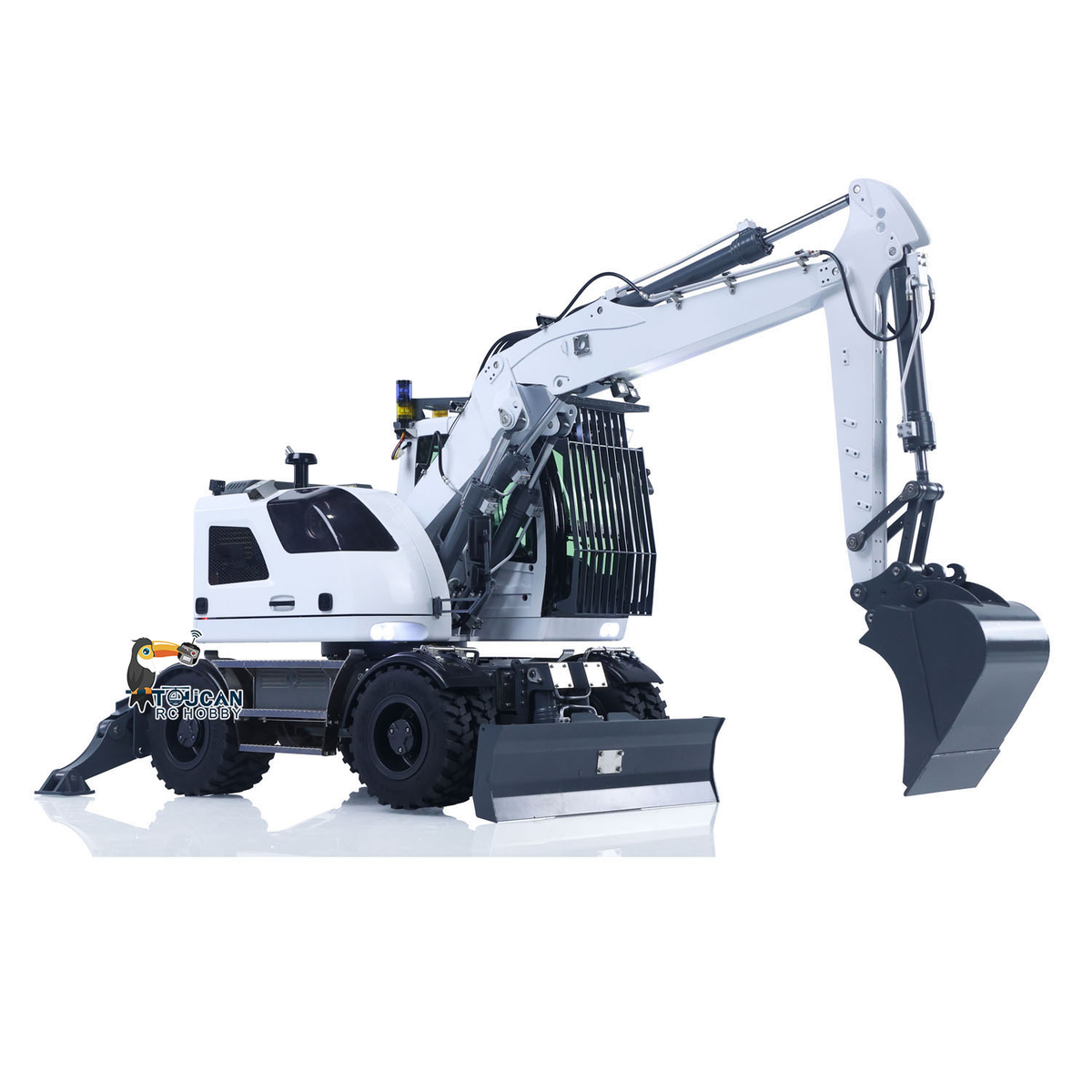 CUT 1/14 RC 914 Standard Wheeled Hydraulic Excavator White Version Side Shot, Metal Boom And Digging Bucket Working Attitude