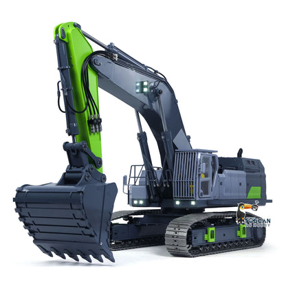 GZJC 395 1/12 Metal Hydraulic Excavator Green & Grey Front Oblique Pose, Hollowed Boom Arm & Counterweight Design