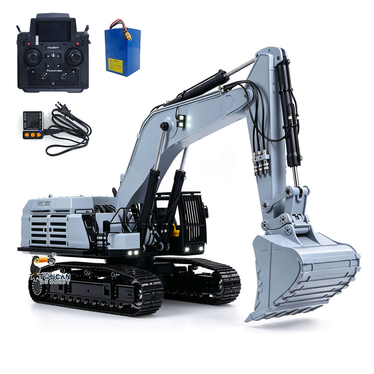 GZJC 395 1/12 Hydraulic Excavator Grey Version, With Remote Controller & Battery, 2830 Brushless Drive & Swing Motors, Stainless Steel Tracks