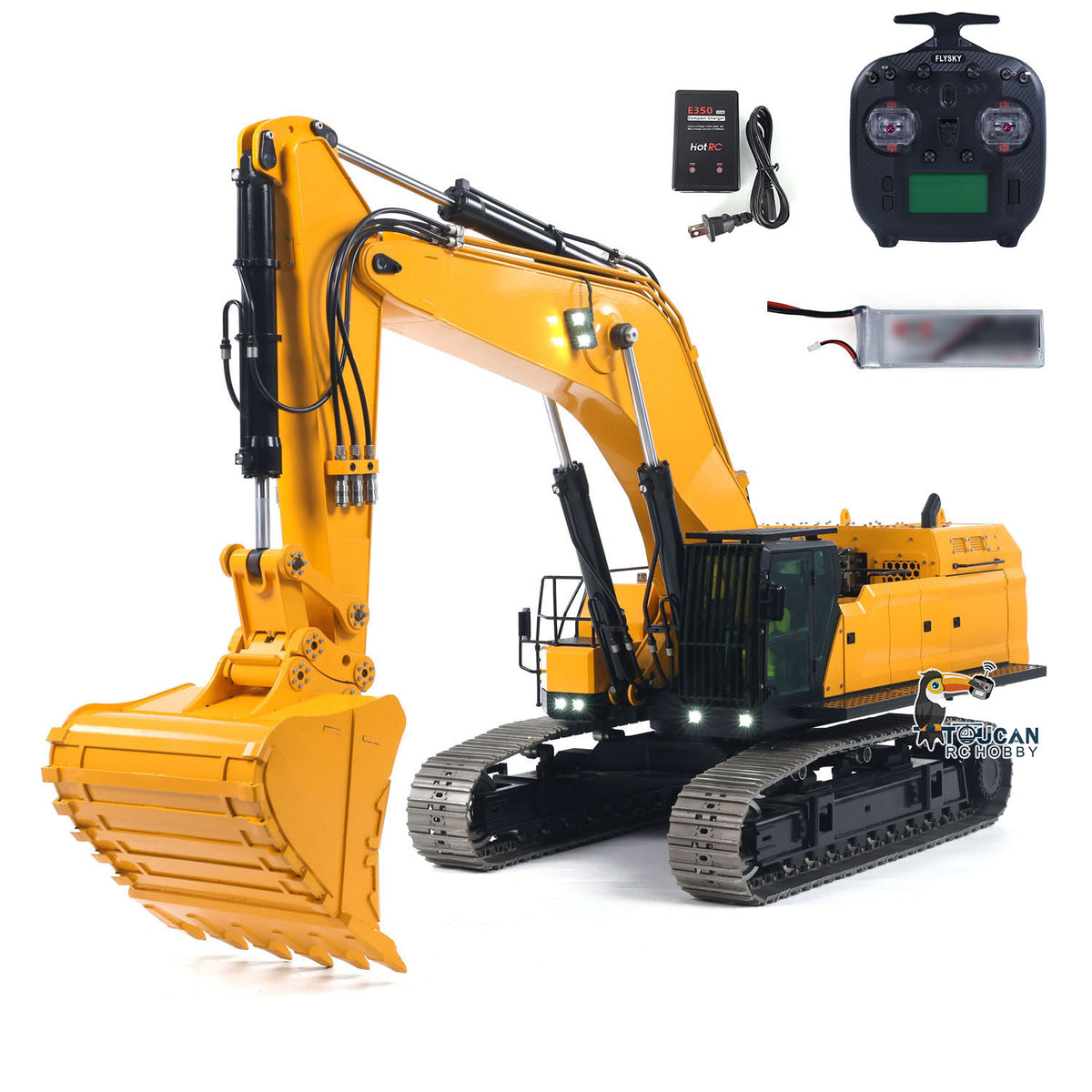GZJC 395 1/12 Hydraulic Excavator Yellow & Black Front Oblique View, With ST8 Remote Controller, Battery & Charger, 2830 Brushless Drive & Swing Motors