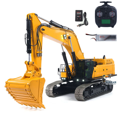 GZJC 395 1/12 Hydraulic Excavator Yellow & Black Front Oblique View, With ST8 Remote Controller, Battery & Charger, 2830 Brushless Drive & Swing Motors