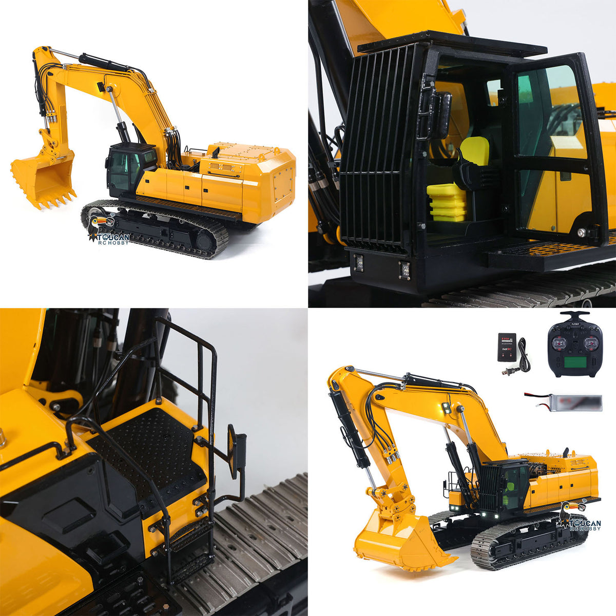 GZJC 395 1/12 Hydraulic Excavator Yellow & Black, Side Working View & Rear Side View, With Full Accessories, Manual Quick Release Bucket