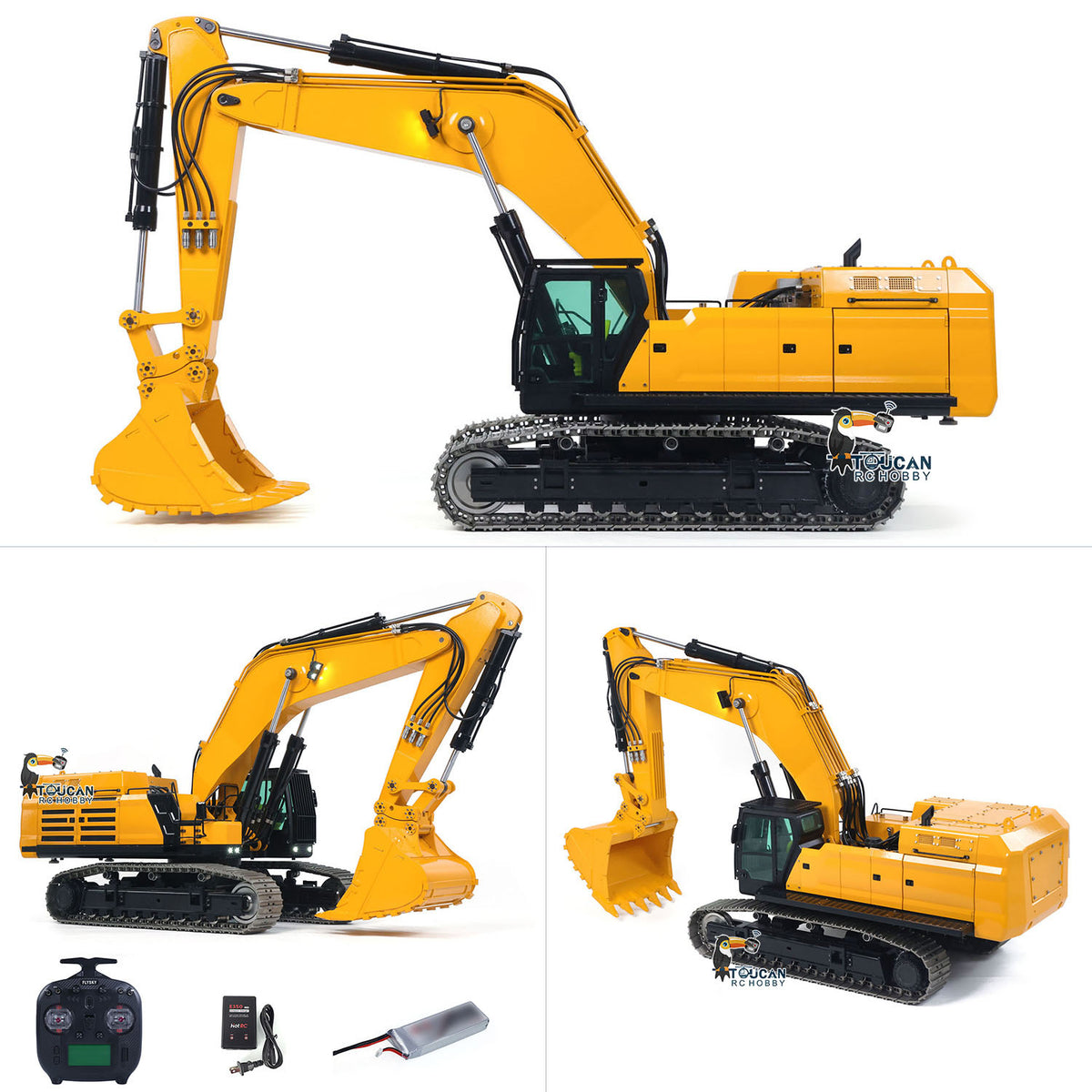 GZJC 395 1/12 Hydraulic Excavator Yellow & Black Working Dual View, Front Oblique & Side Pose, With Remote & Battery, Stainless Steel Tracks