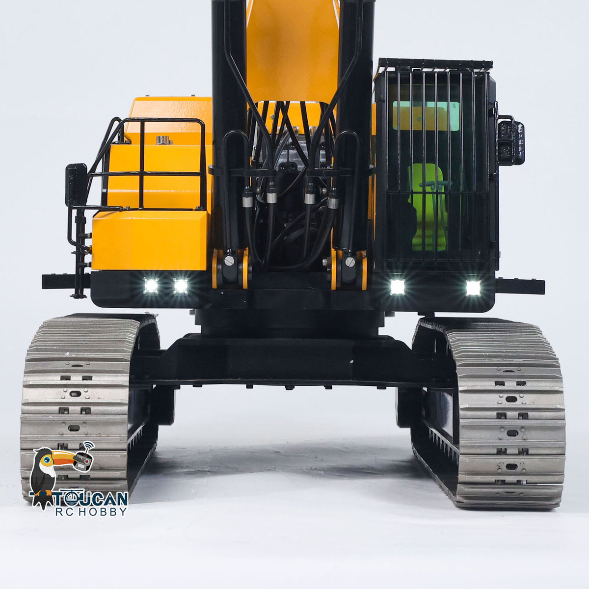 GZJC 395 1/12 Hydraulic Excavator Yellow Straight Front View, Illuminated Working Lights, Full Light System Function