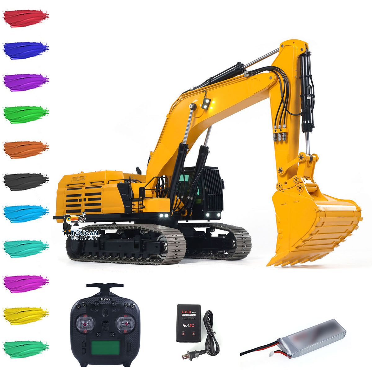 GZJC 395 1/12 Scale Metal Tracked Hydraulic Excavator, Yellow & Black Paint, Dual Pump Hydraulic System, 95% Metal Construction, Light System, ST8 Transmitter, Battery & Charger Included, Sound & Smoke Upgradable, Custom Colors Available