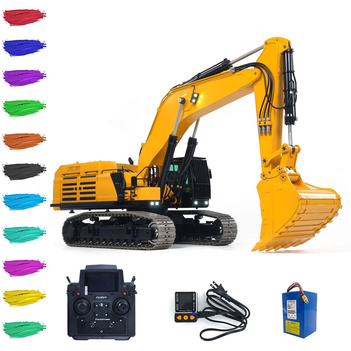 GZJC 395 1/12 Scale Metal Tracked Hydraulic Excavator, Yellow Version, Dual Pump Hydraulic System, 95% Metal Construction, Light Sound & Smoke System, PL18EVLITE Transmitter, Battery & Charger Included, Custom Colors Available