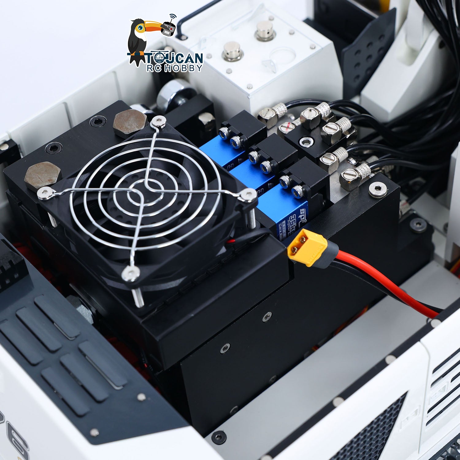GZJC LR976 RC Excavator Internal Electronic Components Close‑Up, ESC, Cooling Fan, Wiring Layout, For PL18EVLITE Transmitter