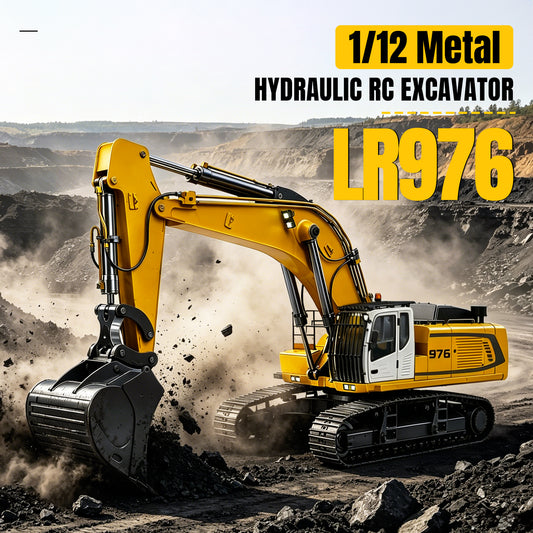 GZJC LR976 1/12 RC Metal Dual‑Pump Hydraulic Excavator, TOUCAN Coated Pre‑Assembled Model, Yellow Version, PL18EVLITE Transmitter, Smoke Unit, 12V‑20AH Battery And Charger Included