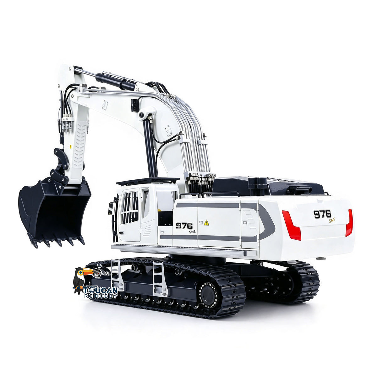 GZJC LR976 1/12 RC Metal Excavator White Left‑Rear View, Full Metal Track Undercarriage, Light & Sound Smoke Unit Equipped