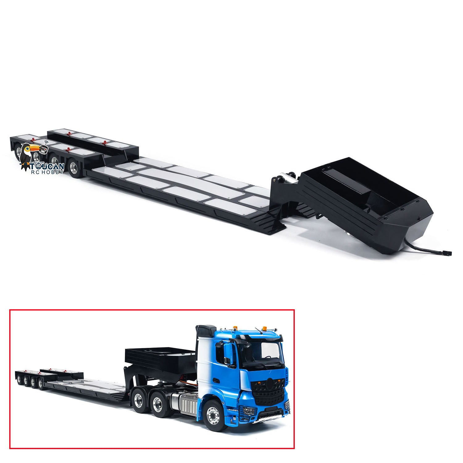 HHG-1 1/14 metal 4 axle extendable lowbed RC articulated truck front view black
