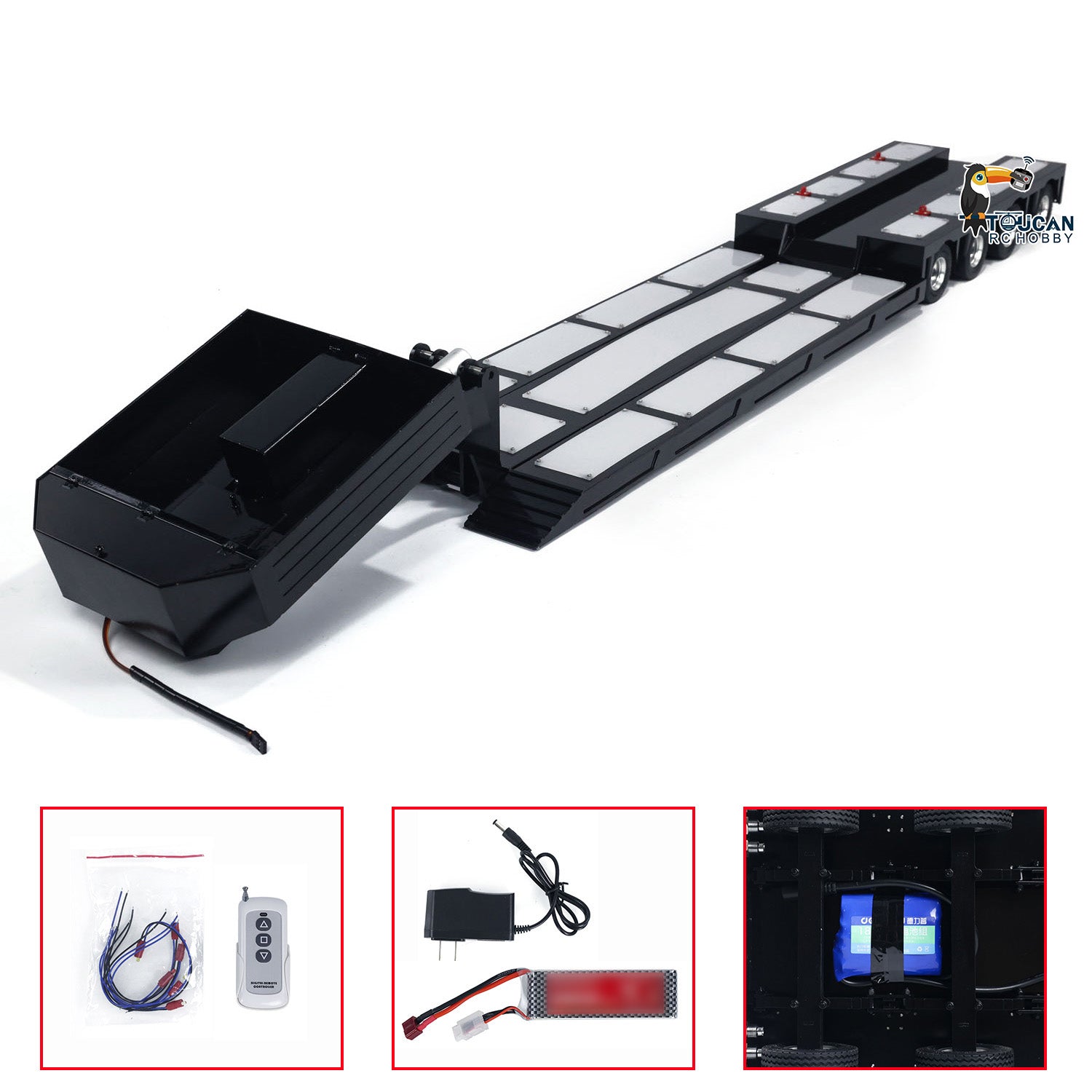 HHG-1 1/14 RC semi trailer metal 4 axle extendable lowbed side view articulated truck