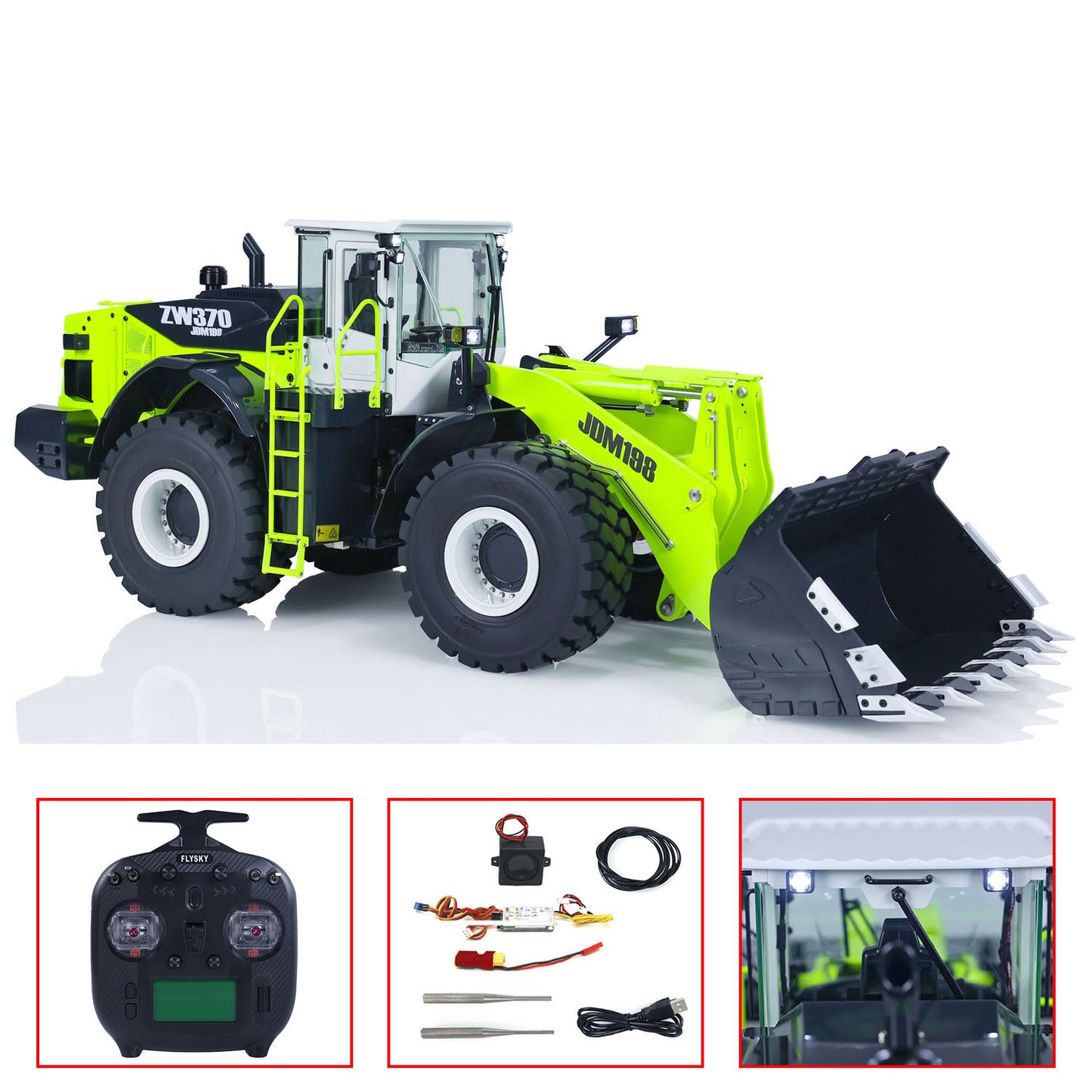 1/14 JDM-198 ZW370 RC hydraulic loader metal construction truck full view fluorescent green black white assembled model