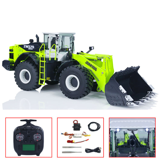 1/14 JDM-198 ZW370 RC hydraulic loader metal construction truck full view fluorescent green black white assembled model