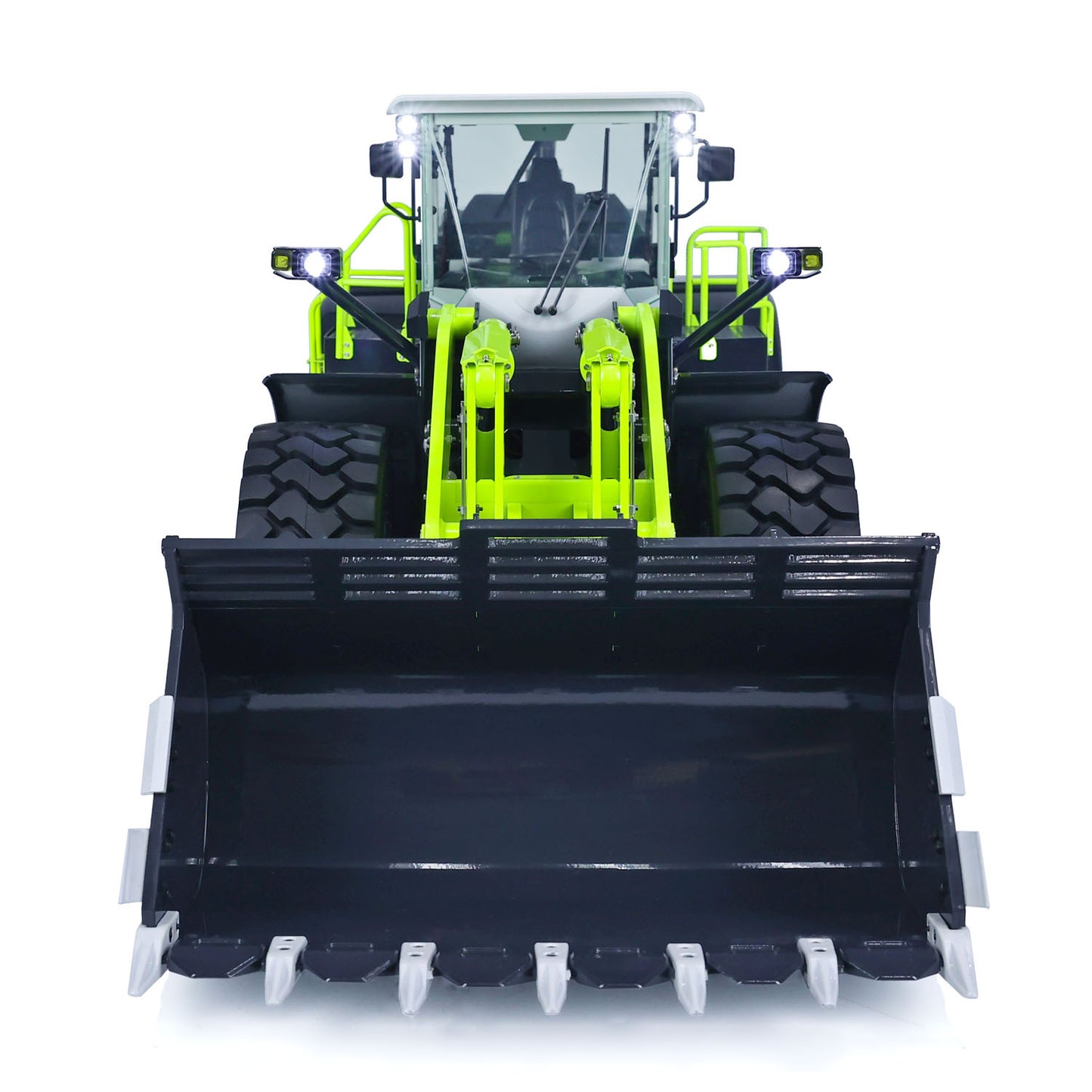 JDM-198 ZW370 1/14 RC hydraulic loader front view metal cabin headlights scale operator station detailed model