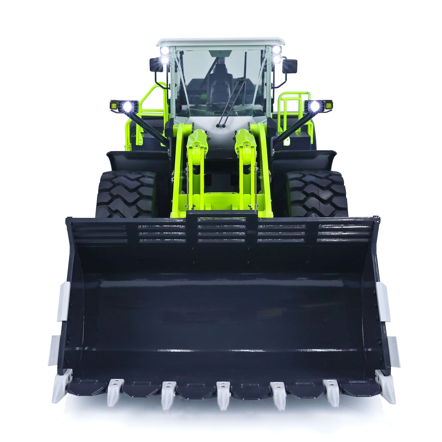 JDM-198 ZW370 1/14 RC hydraulic loader front view metal cabin headlights scale operator station detailed model