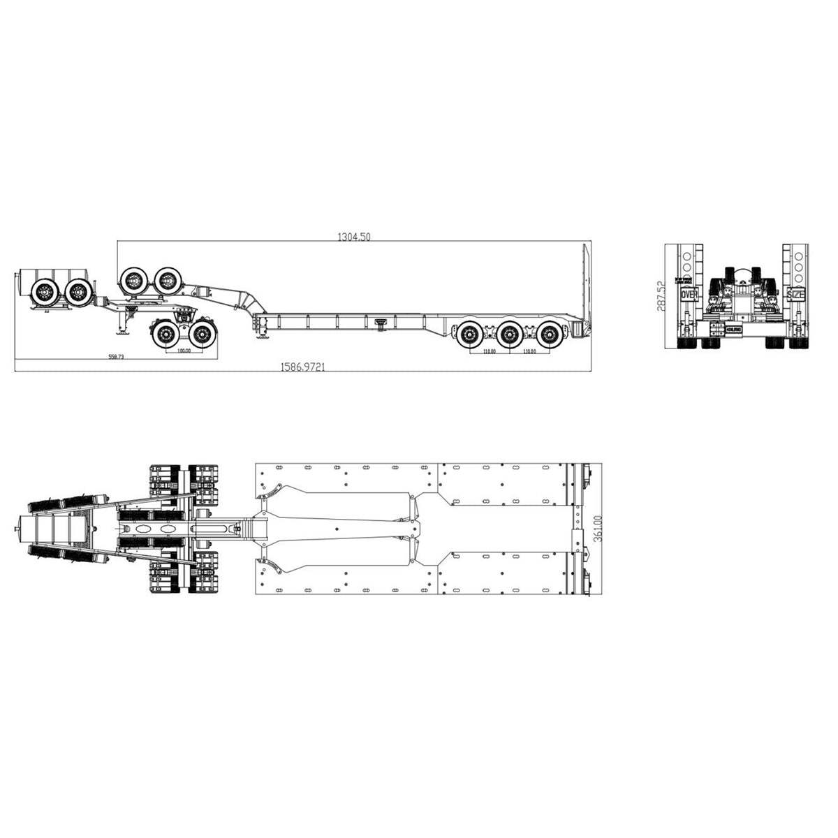 JDM JDM-2 1/14 Heavy Duty Lowbed Trailer Technical Dimension Drawing, Side & Top View Schematic For Reference