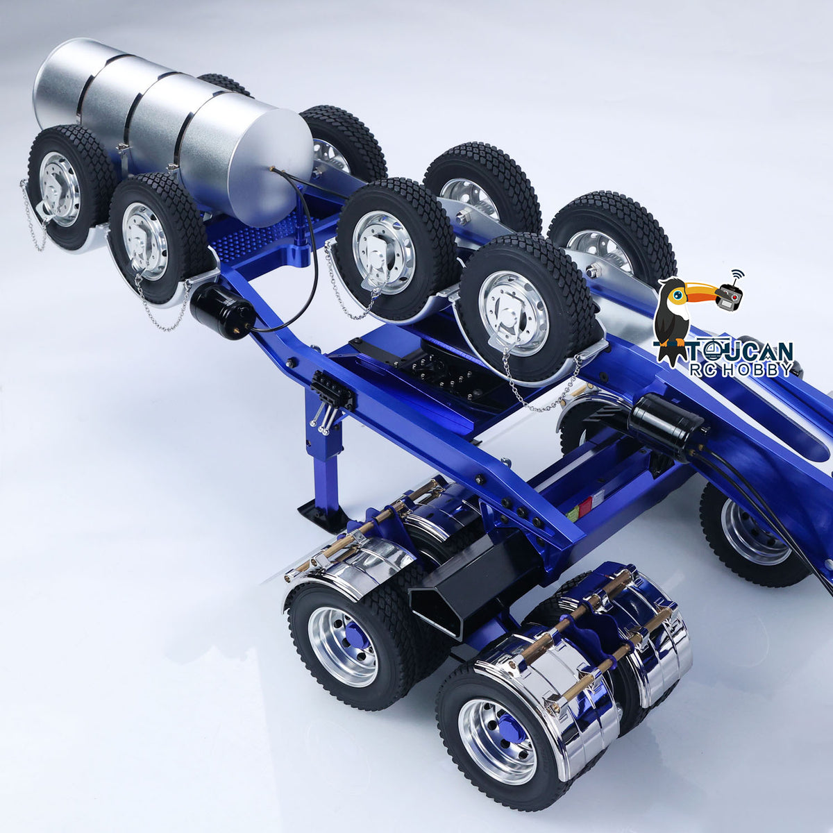 JDM JDM-2 1/14 Lowbed Trailer Rear Axle & Wheel Assembly Close-Up, 3-Axle Chassis For Load Stability & Structural Rigidity