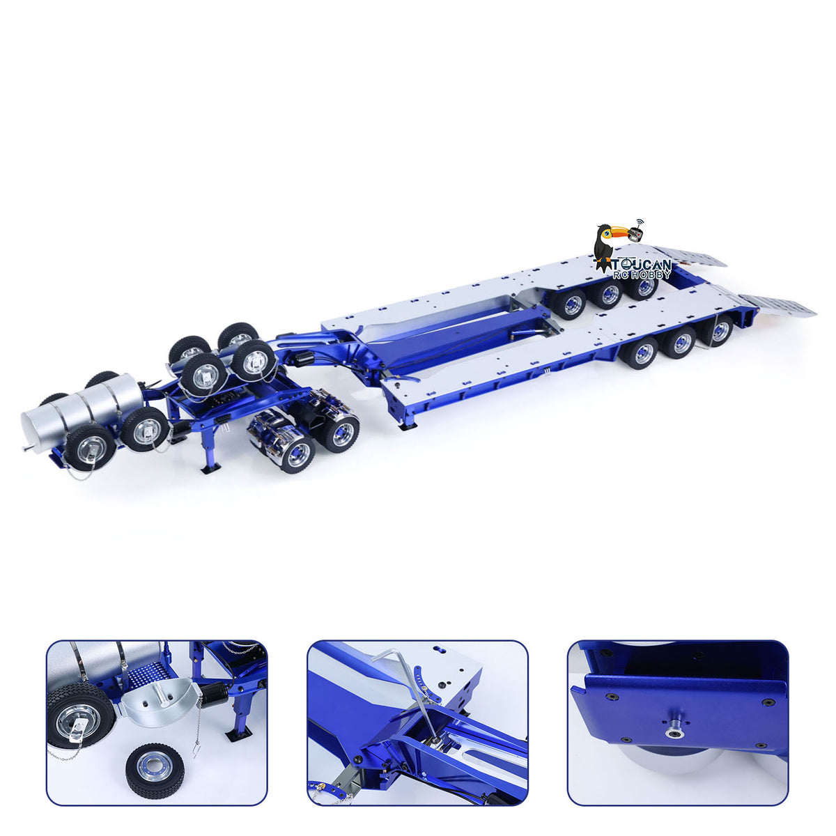 JDM JDM-2 1/14 Scale Heavy Duty Lowbed Trailer Side View, With Detail Close-Up Insets, Adjustable Width Deck & Fold-Down Rear Ramp