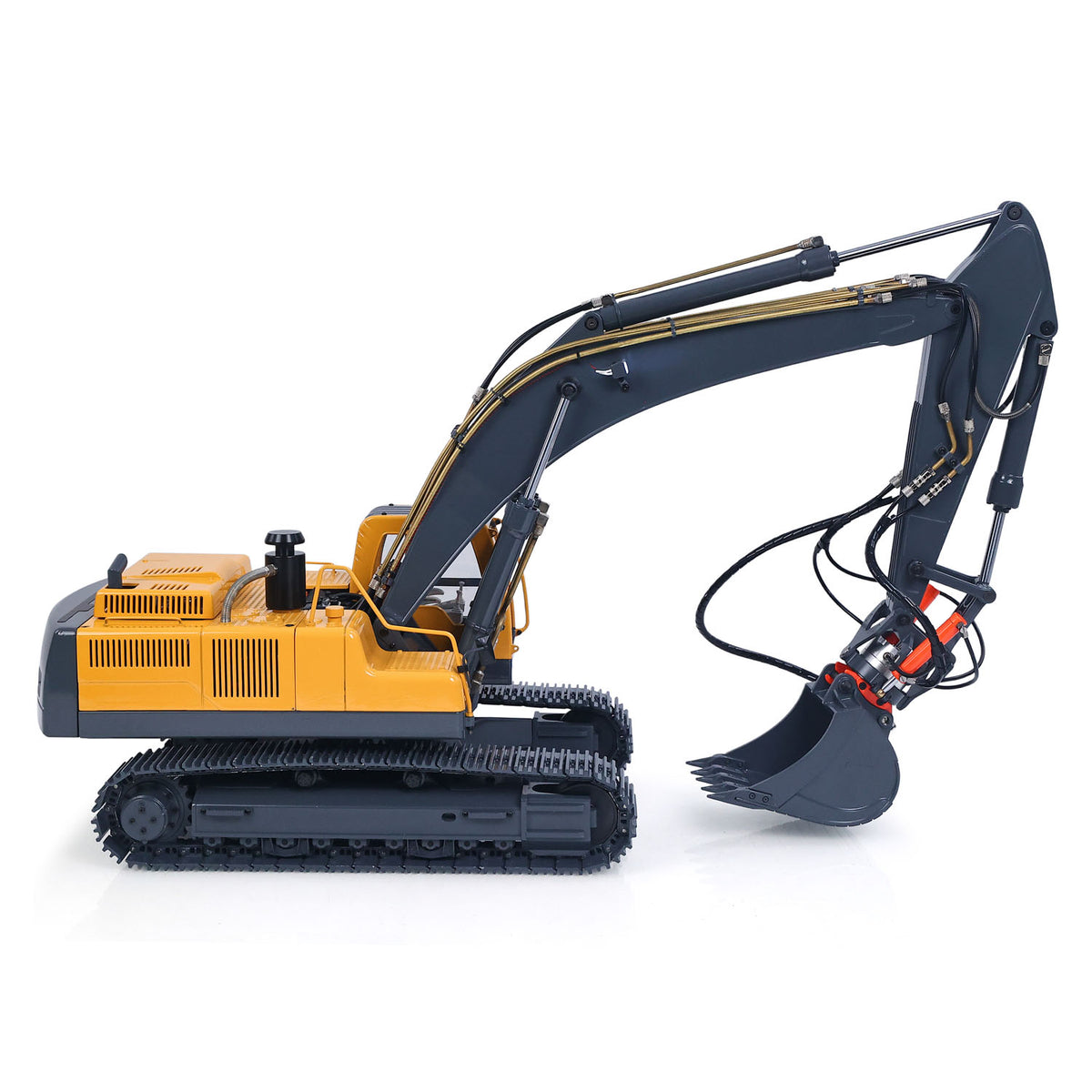JDM V2 1/14 RC Metal Hydraulic Excavator Yellow Grey, Boom Bent Working Pose, Stable & Smooth Hydraulic Movement Performance