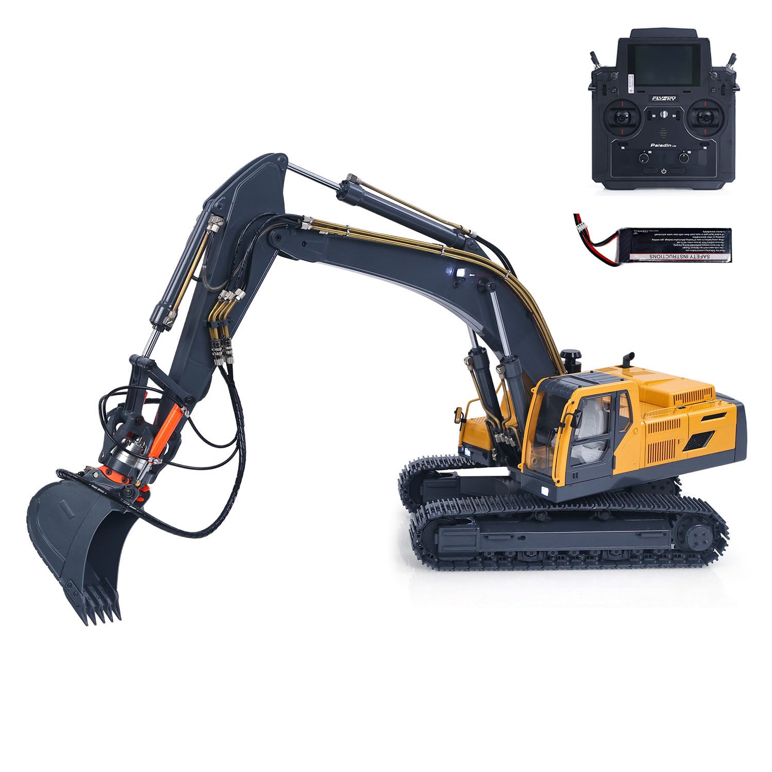 JDM V2 1/14 RC Metal Hydraulic Excavator Yellow Grey Right Front Working Pose, With Remote & Battery, Compatible With Bucket, Ripper, Claw, Shear Attachments