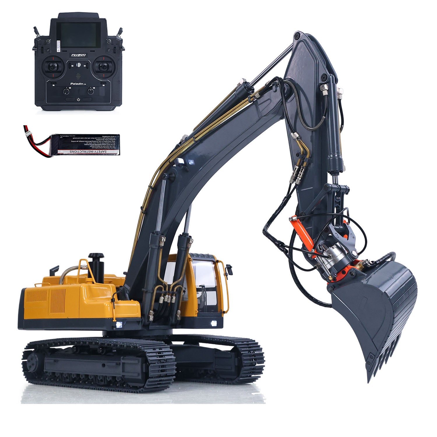 JDM V2 1/14 RC Metal Hydraulic Excavator Upgraded Version, Yellow Grey, Brass Oil Pipes, 3-Way Reversing Valve, Hydraulic Quick-Release Coupler, Light & Sound System, PL18Lite Transmitter, 5200mAh Battery & Charger Included