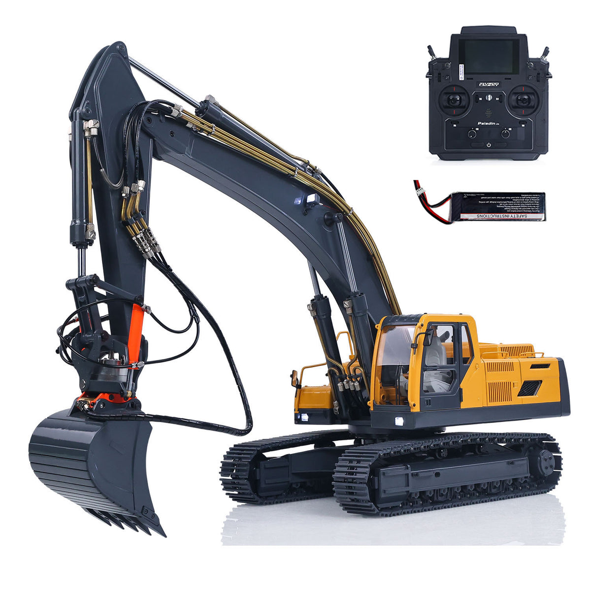 JDM V2 1/14 RC Metal Hydraulic Excavator Yellow Grey Front Oblique View, With PL18Lite Remote Controller & Battery, Upgraded Hydraulic System