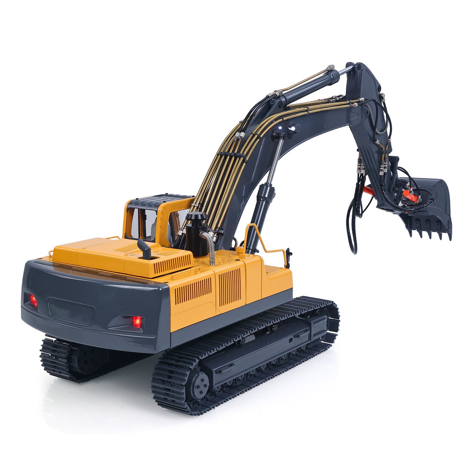 JDM V2 1/14 RC Metal Hydraulic Excavator Yellow Grey Left Rear Oblique View, Rear Body & Track Chassis Detail