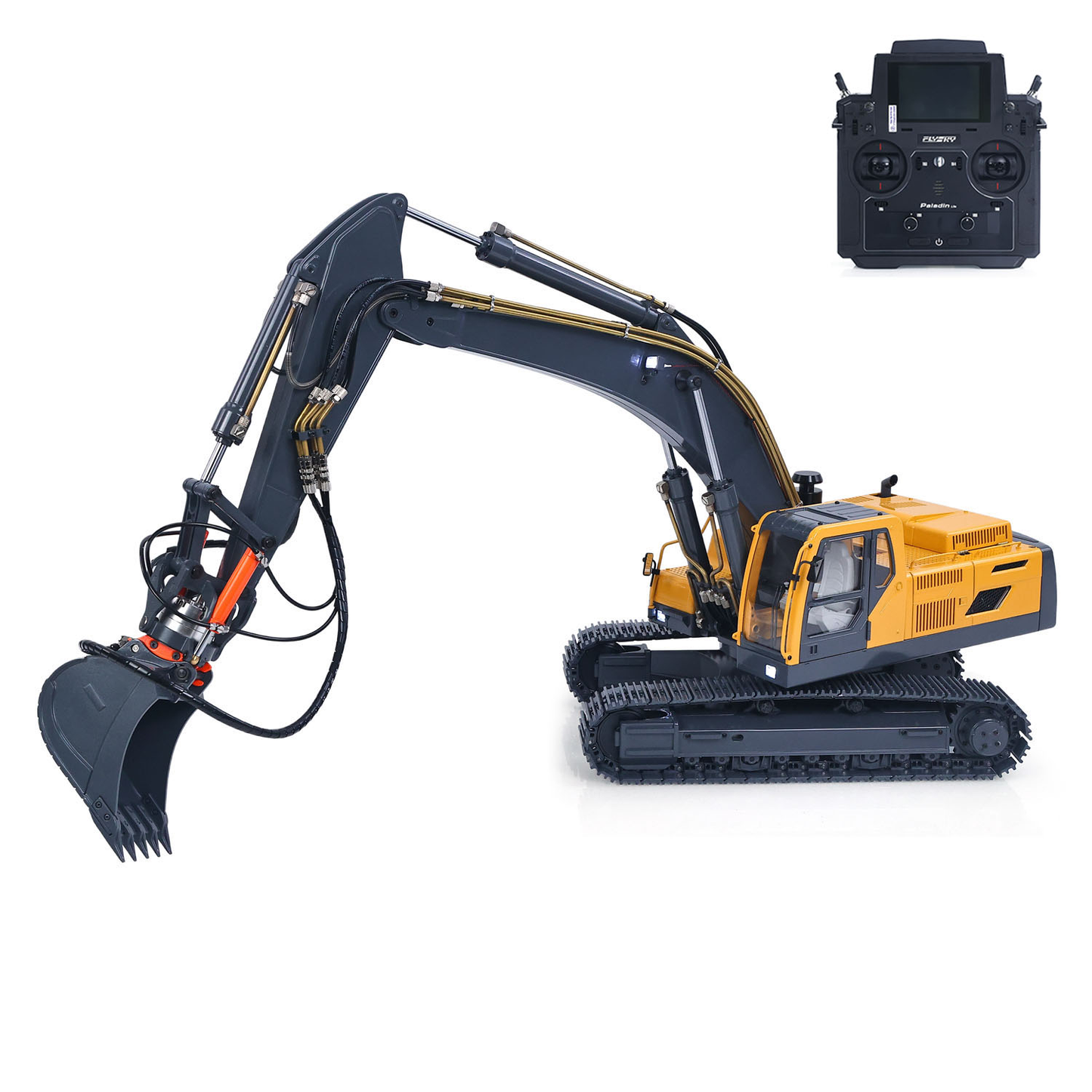 JDM V2 1/14 RC Metal Hydraulic Excavator Yellow Grey Right Side Full Profile, With Remote Controller, Full Metal Track Undercarriage