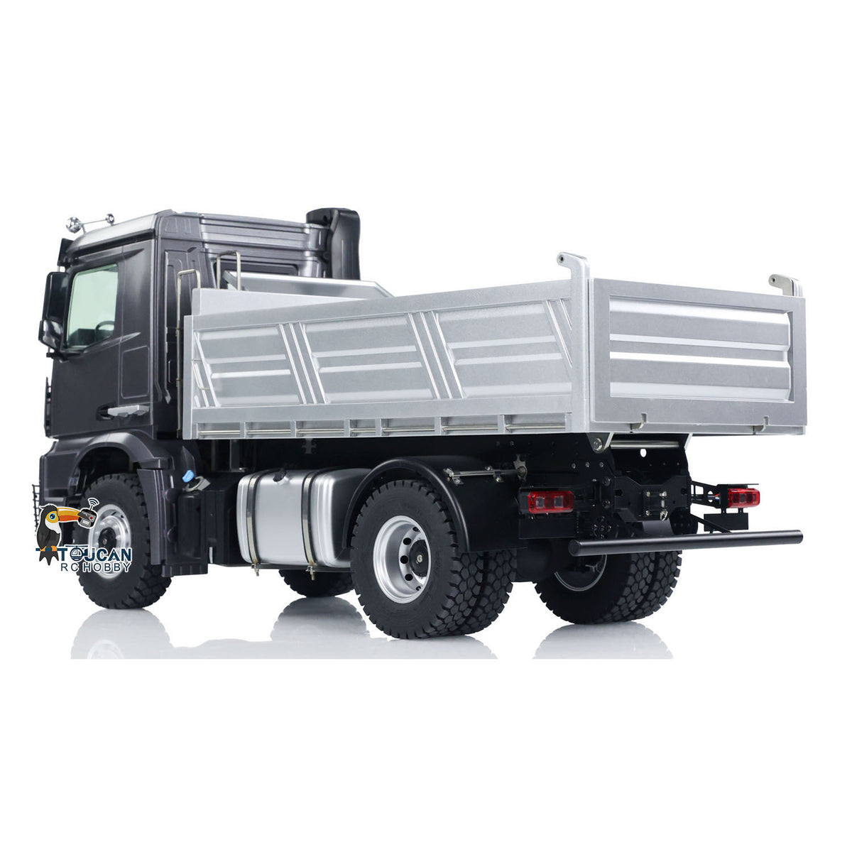 KABO‑5701 1/14 RC 4x4 Dump Truck Gray Rear Side Static View,Functional LED Light & Realistic Sound Effects