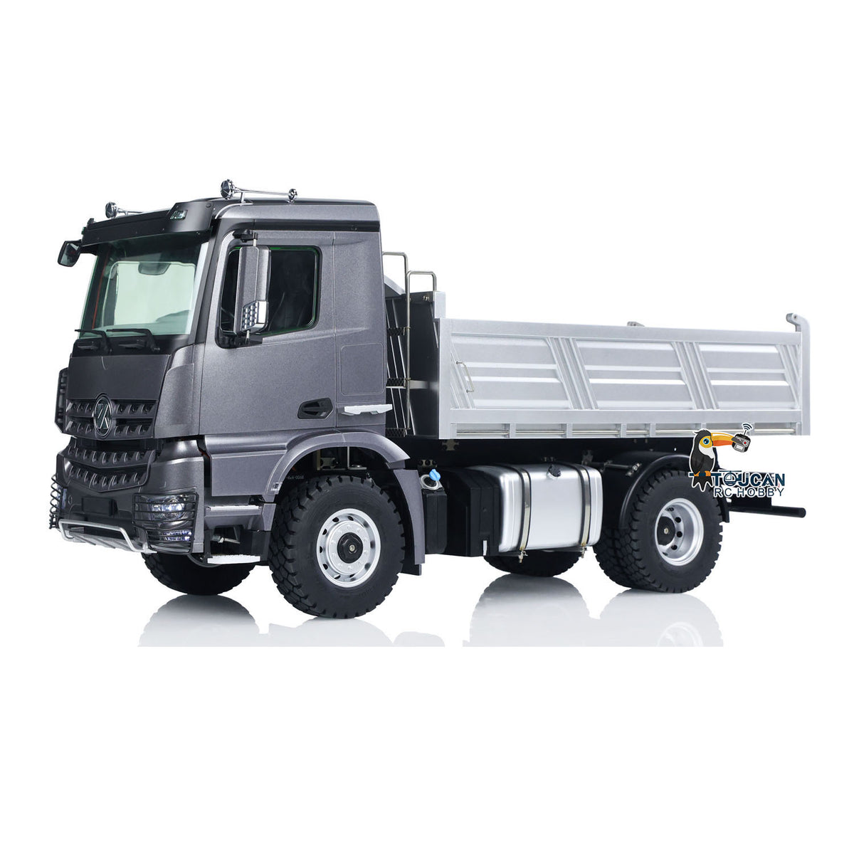 KABO‑5701 1/14 RC 4x4 Dump Truck Gray Side Full Flat-Bed View,2-Speed Transmission Off-Road RC Dump Truck