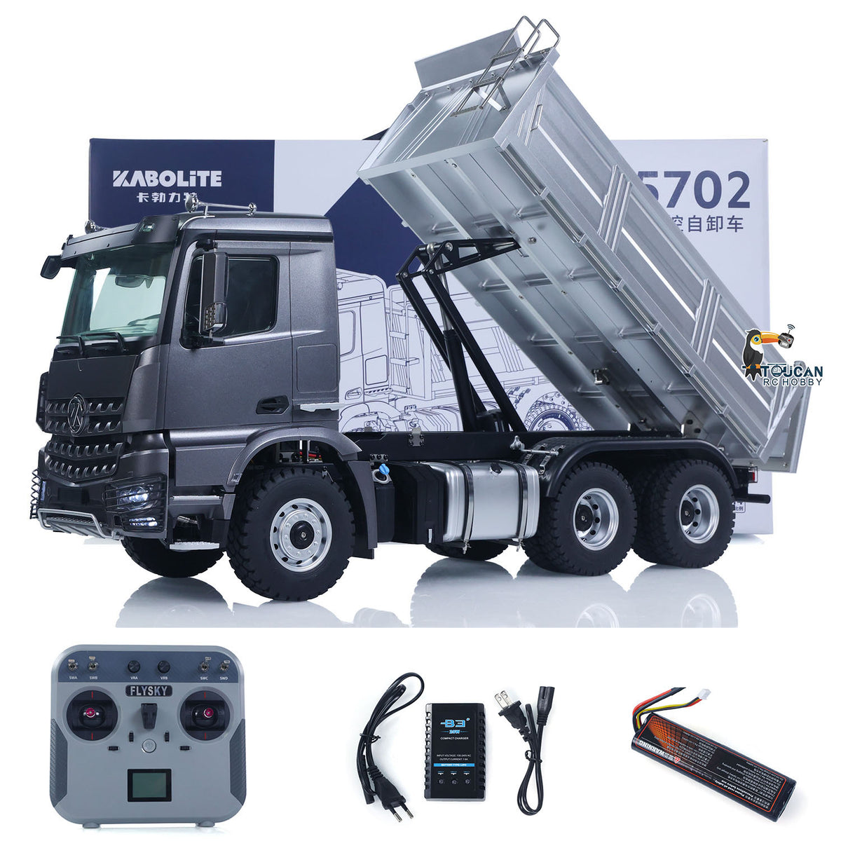 KABO‑5702 1/14 RC 6x6 Dump Truck Gray Version With Lifted Bed,Original Box & Full Accessory Set,47 Degree Max Dumping Angle