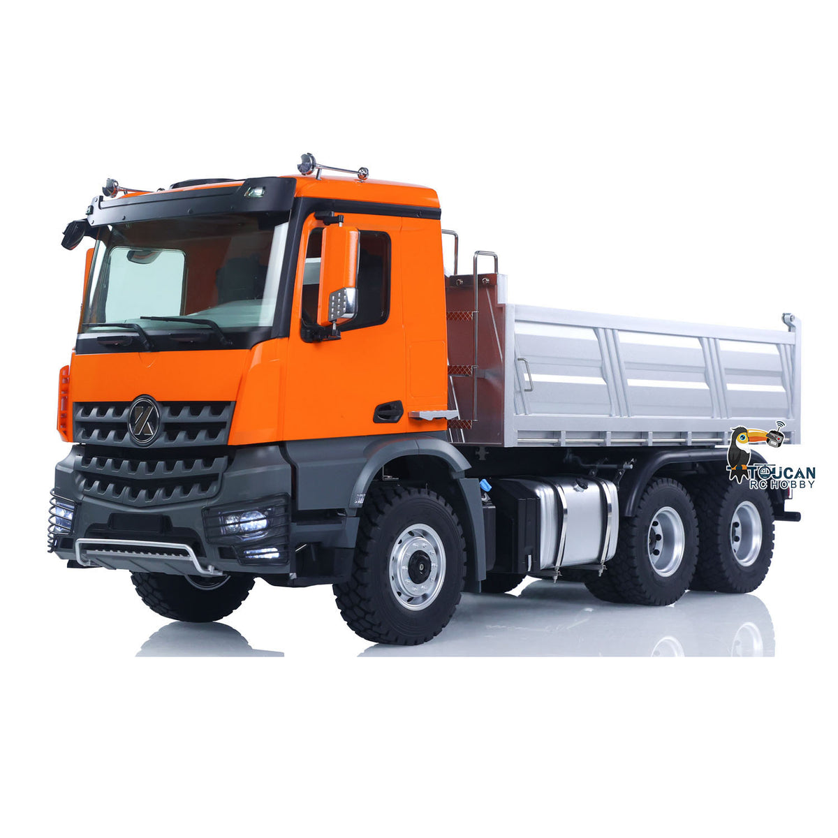 KABO‑5702 1/14 RC 6x6 Dump Truck Orange Static Side View,Flat Cargo Bed,Realistic Light & Sound RC Construction Truck