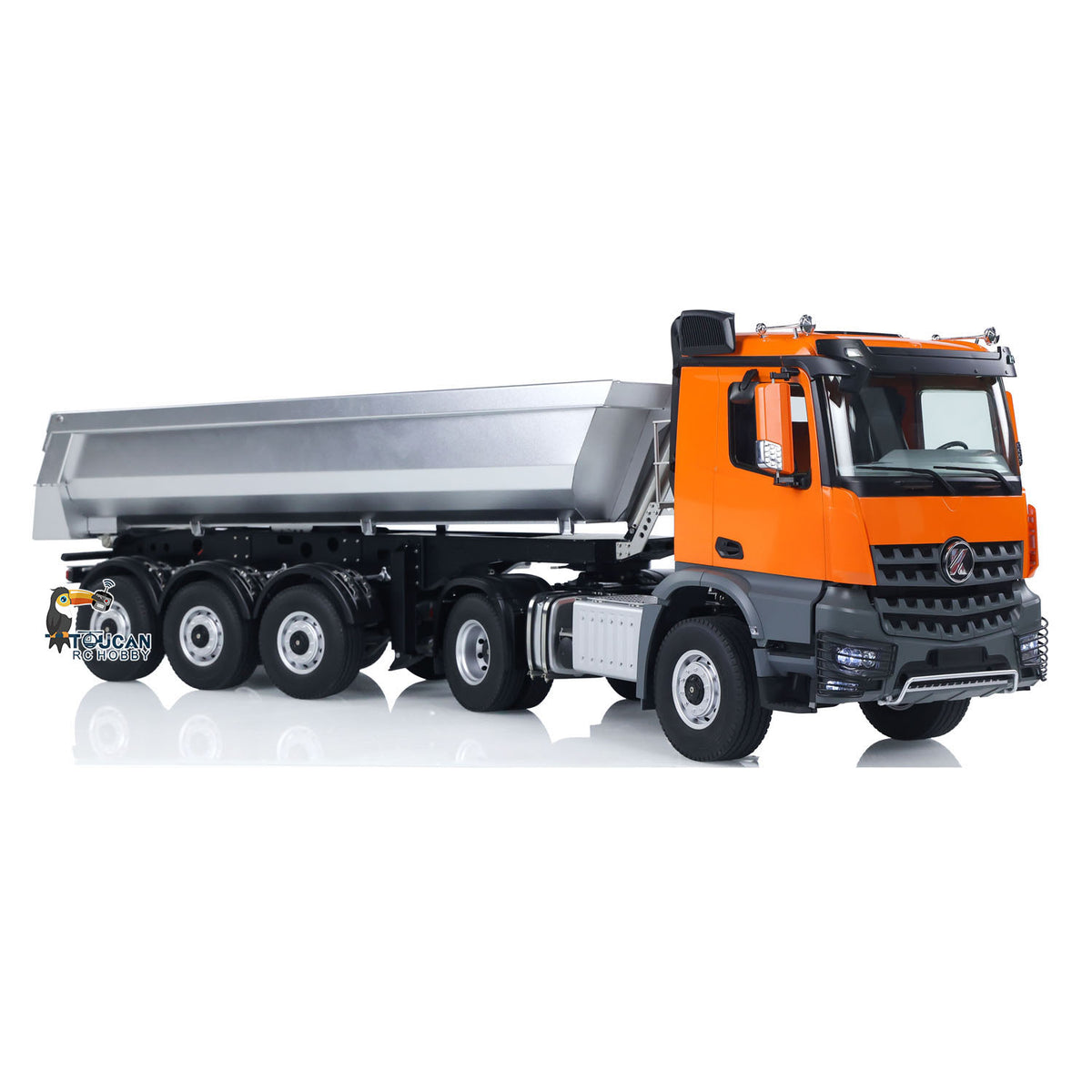 KABO-5801 1/14 RC 4x4 Tractor Truck With 3-Axle Dump Trailer Orange Static Side View,Realistic RC Heavy Transport Scale Model